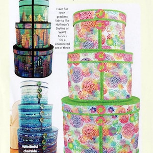 May include: Three oval storage crates with floral and skyline patterns. The crates are stacked, showcasing various sizes and designs. The text on the image says "Aunties Two Patterns Covered Oval Crates". Includes directions for 3 sizes.