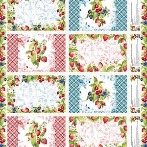 May include: A patterned fabric featuring a repeating design of strawberries, blueberries, and floral elements. The design includes red and white gingham, blue floral patterns, and white backgrounds. The fabric is suitable for quilting or crafting.