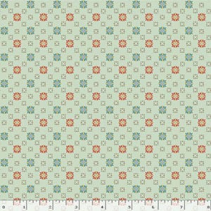 May include: A repeating pattern of small, stylized flowers in shades of red, blue, and green on a light green background. The flowers are arranged in a grid-like pattern, creating a vintage or retro aesthetic. The fabric is likely cotton or a similar material.