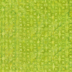 May include: A close-up of a green fabric with a repeating pattern of stylized floral shapes. The fabric has a textured appearance and a mottled, watercolor-like effect, with variations in the green hues.
