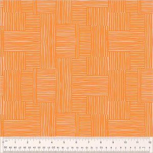 May include: A seamless pattern of orange and white stripes arranged in a grid pattern. The stripes are hand-drawn and have a slightly uneven texture.