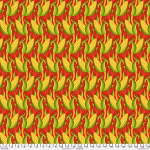 May include: A repeating pattern of yellow corn on the cob with green husks and red backgrounds. The corn is arranged in a grid-like fashion, creating a vibrant and eye-catching design. The design is suitable for fabric, wallpaper, or other decorative applications.