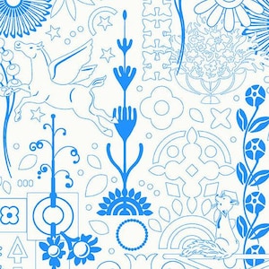 May include: A repeating pattern in blue on a white background. The design includes stylized flowers, stars, a Pegasus, and other geometric shapes. The overall aesthetic is reminiscent of vintage illustrations and textile designs.