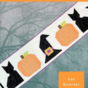 May include: A Halloween-themed table runner featuring black cats, orange pumpkins, and a witch's hat. The table runner is 17 inches by 69 inches and is "Fat Quarter Friendly". The text "Midnight Magic Table Runner" is displayed at the top.