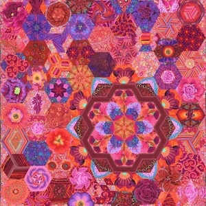 May include: A quilt featuring a vibrant patchwork of hexagonal fabric pieces in shades of pink, red, orange, and purple. The design incorporates various floral and geometric patterns, centered around a large, dark red, eight-pointed star motif.