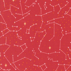 May include: Red fabric with a constellation pattern. White lines connect star-shaped figures, creating celestial designs. Small orange dots are scattered across the background. The fabric is suitable for quilting or crafting projects.