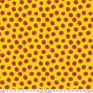 May include: A repeating pattern of red tomato slices with green stems on a bright yellow background. The tomatoes are evenly spaced, creating a cheerful and vibrant design. This fabric is suitable for various craft projects.