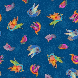 Fantasticats by Laurel Burch for Clothworks - Birds - Blue, sold by the quarter yard, choose your cut