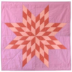 May include: A handmade quilt featuring a large eight-pointed star design. The star is composed of alternating diamond shapes in shades of coral and peach. The background is a solid light purple color. The quilt is square in shape.