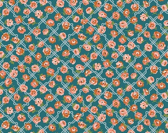 Rosemary Blooms - B - Teal Orange - Floral Nostalgia for Riley Blake, sold by the quarter yard