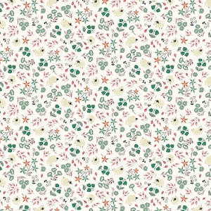 May include: A seamless pattern featuring a white background with a repeating design of small, stylized sheep, green leaves, pink flowers, and orange star-shaped flowers.
