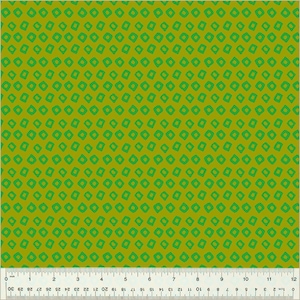 May include: A green and yellow fabric with a repeating pattern of small green squares.