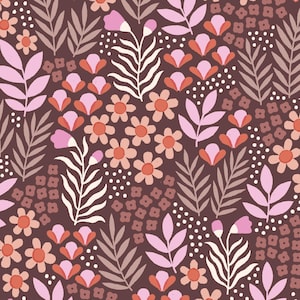 May include: A seamless floral pattern featuring stylized flowers and leaves in shades of pink, peach, and brown. The design includes various flower shapes and leaf arrangements, creating a textured and layered effect. The background is a deep brown.