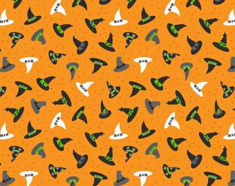 May include: An orange Halloween-themed pattern featuring various witch hats in black, white, and gray. Some hats have green accents and star details. The design includes small orange dots, creating a festive and playful look.