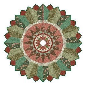May include: A red, green, and brown patchwork Christmas tree skirt with a starburst design in the center.