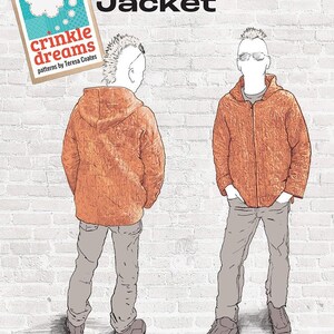 May include: Illustration of a gender-neutral jacket pattern called "The Journeyman Jacket" by Teresa Coates. The jacket is shown in orange, with a hood and zipper. The text "crinkle dreams" is also visible.