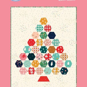 May include: A quilt pattern titled "Jolly Tree" featuring a Christmas tree design made of colorful, hexagonal fabric pieces. The pattern is 37" x 48" and includes the text "Full Color Pattern!" and "Precut & Scrap Friendly."