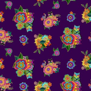 Fantasticats by Laurel Burch for Clothworks - Hidden Cats - Purple/Gold Metallic, sold by the quarter yard, choose your cut