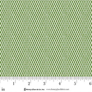May include: Close-up of a green diamond-patterned fabric with a white background. The fabric is measured in inches, with markings from 1 to 6 inches. The text "Henry Glass & Co, Inc. www.henryglassfabrics.net" is visible.