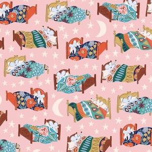 May include: A repeating pattern of beds with mice tucked in, set against a pink background with white stars and crescent moons. The beds have floral and geometric patterned bedding in various colors, including orange, blue, and green.