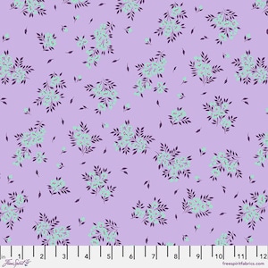 May include: A purple fabric with a repeating pattern of small, light blue flowers with dark purple stems. The fabric is a light purple color and the flowers are a light blue color.