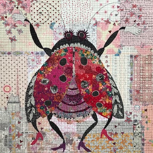 May include: A colorful patchwork quilt featuring a large ladybug with black spots and red and pink wings. The ladybug is standing on a patterned background with flowers and hearts. The quilt has a whimsical and cheerful design.