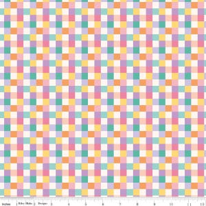 May include: A colorful fabric with a checkered pattern. The design features squares in various pastel colors, including pink, yellow, orange, green, and purple, set against a cream background. The fabric is measured in inches.