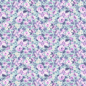 Packed Posies - Light Aqua - Digital - Louisa by Clothworks, cotton fabric sold by the quarter yard, choose your cut