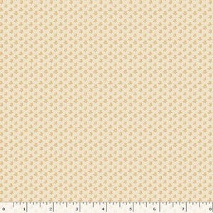 May include: Cream-colored fabric with a repeating pattern of small, stylized floral or leaf-like shapes in a light brown hue. The design is evenly distributed across the fabric, creating a textured appearance. The fabric is measured in inches.