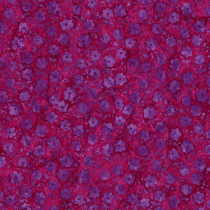 May include: A fabric with a repeating floral pattern. The background is a deep magenta color, and the flowers are a lighter shade of purple. The flowers are small and scattered across the fabric, creating a dense, textured look.
