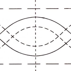 May include: A black and white graphic illustration featuring a repeating pattern of interlocking sine waves. The design consists of solid black continuous lines and dashed black lines that intersect to form a series of symmetrical oval shapes.