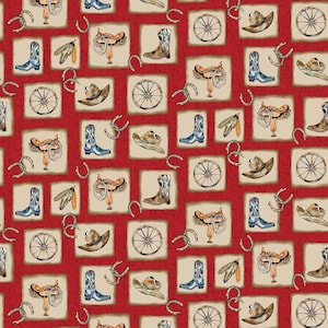 Small Blocks Western Motifs - Red - Western View by Denise Sullivan for HENRY GLASS, cotton fabric sold by the quarter yard, choose your cut