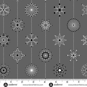 May include: A gray fabric with a white snowflake pattern. The snowflakes are in various shapes and sizes, and they are arranged in a repeating pattern. The fabric is perfect for quilting, sewing, and crafting.