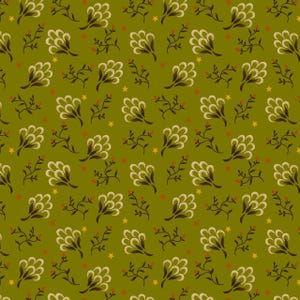 May include: Olive green floral pattern with cream-colored flowers, brown stems, red berries, and yellow stars. The repeating design creates a seamless, nature-inspired textile print, suitable for fabric or wallpaper.