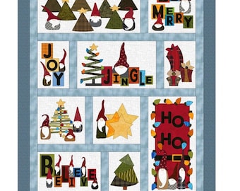 May include: A quilt pattern titled Gnome for the Holidays by FatCat Patterns, measuring 50 x 62 inches. The design features multiple blocks with appliqued gnomes, Christmas trees, stars, and holiday text including BE MERRY, JOY, JINGLE, and HO HO.