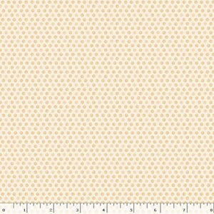 May include: Cream-colored fabric with a repeating pattern of small, light brown polka dots. The dots are evenly spaced across the surface, creating a textured appearance. The fabric is likely used for sewing or crafting projects.