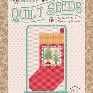 May include: A red stocking with a green and brown Christmas tree design. The stocking is part of a quilt block pattern called "Christmas Trees" from the "Home Town Holiday Quilt Seeds" collection by Lori Holt of Bee in my Bonnet.