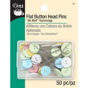 Dritz Button Flat Head Pin features Pastel Button Pins, Multi-purpose pins, Iron Safe Fabric Pins, Count of 50