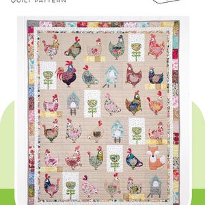 May include: A quilt pattern called "Hen House" by Claire Turpin Design. The pattern features a variety of colorful chickens, roosters, and other farm animals on a beige background.