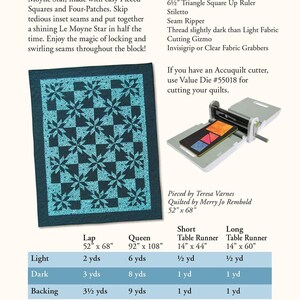 May include: A Le Moyne Star quilt pattern with a teal and dark teal floral design. The image includes a list of supplies, measurements for different quilt sizes, and the text "Le Moyne Star Quilt."