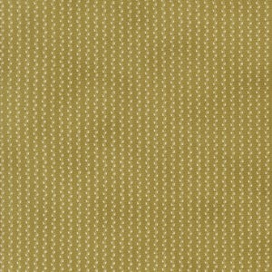 May include: Close-up of a fabric with a repeating pattern of vertical lines. The background is a muted olive green, and the lines are composed of small, white leaf-like shapes. The fabric has a textured appearance.