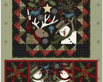 May include: A Christmas-themed quilt with the text "Holly Jolly." The design features a central square with a reindeer, snowman, birds, and holly. The quilt includes a table runner design with snowmen and star patterns. The wall hanging is 37" x 37".