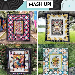 May include: A promotional image showcasing four colorful quilts with various designs. The quilts feature geometric patterns, floral motifs, and a hummingbird. The text "PANEL MASH UP!" is prominently displayed, along with the names of the designers and the phrase "For the Love of Music & Quilts."