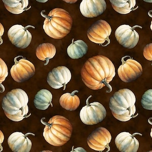May include: A repeating pattern of pumpkins in various sizes and colors, including orange, white, and green, against a dark brown background. The pumpkins have curved stems and are arranged in a scattered layout, creating a fall or harvest theme.