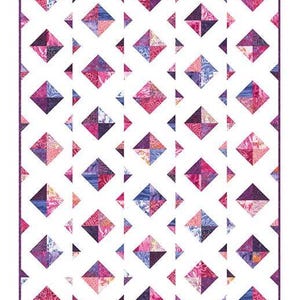 May include: A quilt pattern featuring a white background with a repeating pattern of pink, purple, and blue diamond shapes. The quilt is called "Confetti Quilt" and is described as "Layer Cake Friendly". The finished size is 60.5 inches by 72.5 inches.