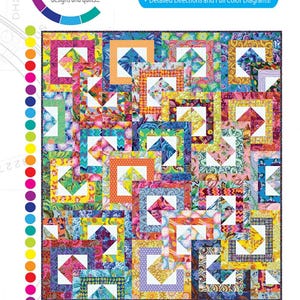 May include: A colorful quilt pattern called "All Stacked Up" with a variety of bright colors and geometric shapes. The quilt is made up of squares and triangles, and the pattern is repeated throughout the quilt. The quilt is 64 inches by 72 inches.