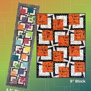 May include: A quilting pattern called BQ5 Encore with two quilt blocks. The smaller block is 4.5 inches and the larger block is 9 inches. The blocks are made with colorful fabrics and feature a geometric design.