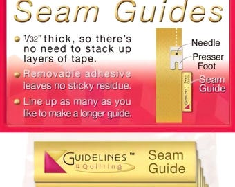May include: A 6-pack of reusable, removable adhesive seam guides. The guides are 1/32" thick and leave no sticky residue. The package includes a diagram showing the needle, presser foot, and seam guide. The text on the guides reads "Seam Guide".