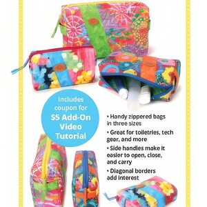 May include: Colorful zippered Ditty Bags 2.0 in various sizes. The bags feature vibrant patterns and diagonal borders. The image includes text that says "Great gifts for anyone on your list!" and "byannie.com".