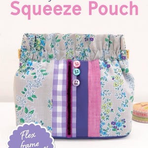 May include: A patchwork fabric pouch with a floral print, purple gingham, and purple stripes. The pouch has a metal frame and a purple velvet ribbon. The text "Flex frame included!" is on a purple circle.